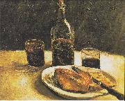 Vincent Van Gogh, Still life with bottle, two glasses, cheese and bread
